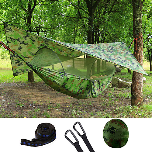 

Camping Hammock with Pop Up Mosquito Net Hammock Rain Fly Outdoor Waterproof Sunscreen Anti-Mosquito Dust Proof Heavy Duty Parachute Nylon with Carabiners and Tree Straps for 2 person Camping