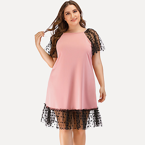 

Women's Shift Dress - Short Sleeves Solid Color Mesh Patchwork Summer Elegant Street chic Holiday Going out 2020 Blushing Pink L XL XXL