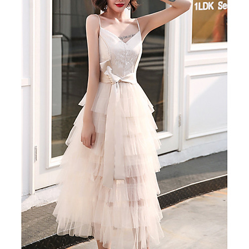 

A-Line Spaghetti Strap Ankle Length Tulle Elegant / Minimalist Homecoming / Cocktail Party Dress with Tier 2020