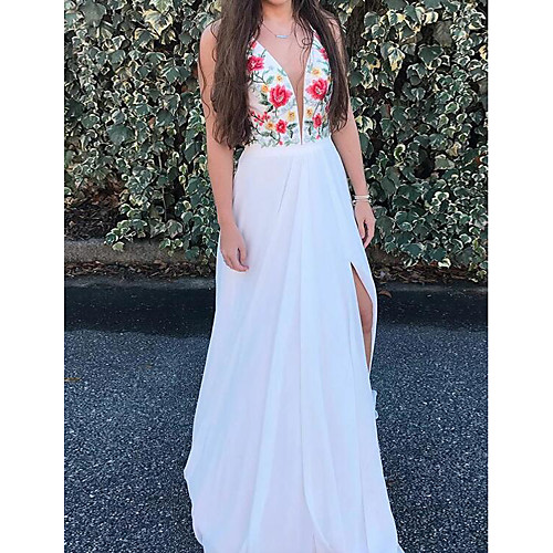 

A-Line V Neck Sweep / Brush Train Chiffon Bohemian / White Holiday / Prom Dress with Split / Pattern / Print 2020