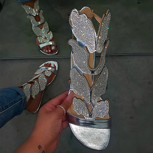 

Women's Sandals 2020 Spring & Fall / Spring & Summer Flat Heel Open Toe Casual Minimalism Roman Shoes Daily Rhinestone Solid Colored Suede Walking Shoes Gold / Black / Silver