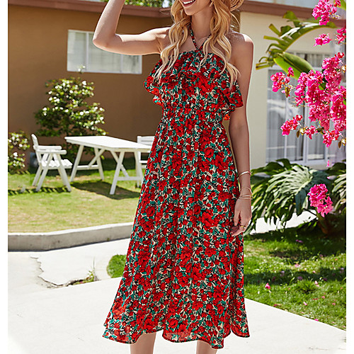 

Women's A Line Dress - Sleeveless Floral Summer Strap Sexy Slim 2020 Red S M L XL