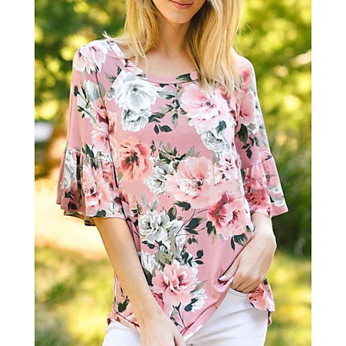 

Women's Daily T-shirt - Geometric Ruffle / Print Blushing Pink