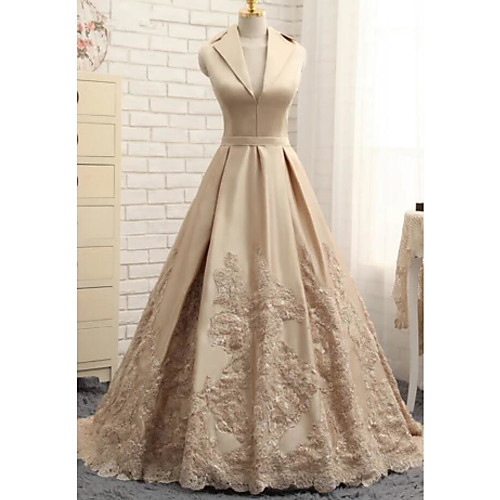 

A-Line V Neck Sweep / Brush Train Satin Elegant / Luxurious Engagement / Formal Evening Dress with Sash / Ribbon / Embroidery 2020