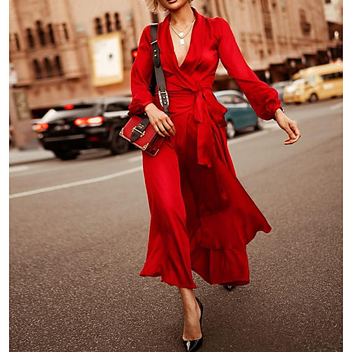 

Women's Purple A Line Dress - Long Sleeve Solid Color Summer Street chic 2020 Purple Red S M L