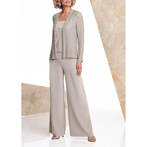 

Pantsuit / Jumpsuit Square Neck Floor Length Chiffon Long Sleeve Elegant Mother of the Bride Dress with Beading Mother's Day 2020