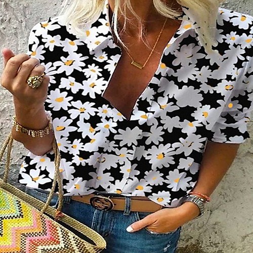 

Women's Daily Shirt - Leopard Daisy Shirt Collar Brown