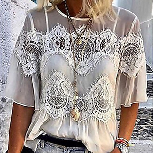 

Women's Solid Colored Blouse Round Neck Daily Summer White S M L XL