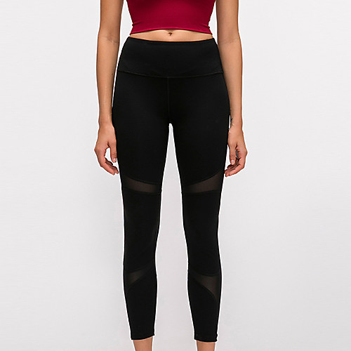 

Women's High Waist Yoga Pants Winter Patchwork Black Dark Purple Purplish Grey Gray Mesh Elastane Running Fitness Gym Workout Tights Leggings Sport Activewear Breathable Moisture Wicking Butt Lift