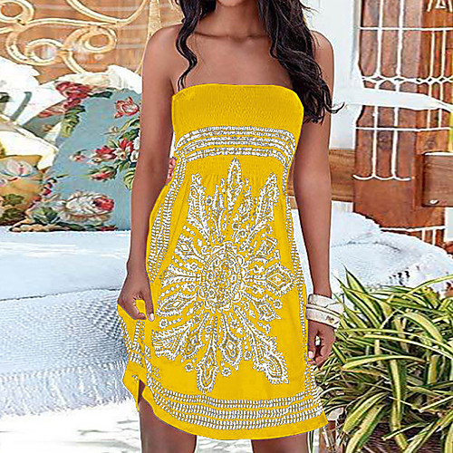 

Women's Asymmetrical Sundress Dress - Sleeveless Floral Summer Fall Strapless Casual Daily Off Shoulder White Blue Purple Yellow Green Gray S M L XL
