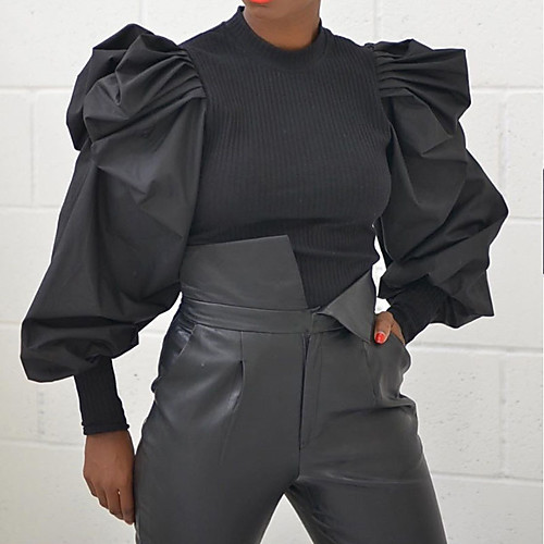 

Women's Solid Colored Blouse Round Neck Exaggerated Going out Spring Fall Black Gray S M L XL