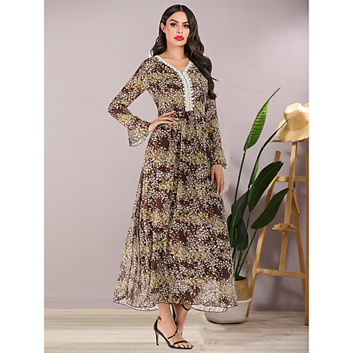 

Women's Chiffon Long Sleeve Print Patchwork Summer Fall Elegant Boho Daily Going out Flare Cuff Sleeve 2020 Khaki M L XL XXL