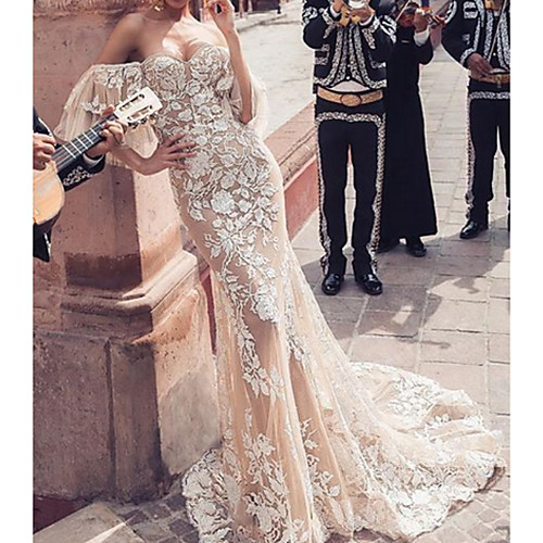

Mermaid / Trumpet Off Shoulder Sweep / Brush Train Lace / Tulle Half Sleeve Sexy See-Through Wedding Dresses with Embroidery / Appliques 2020