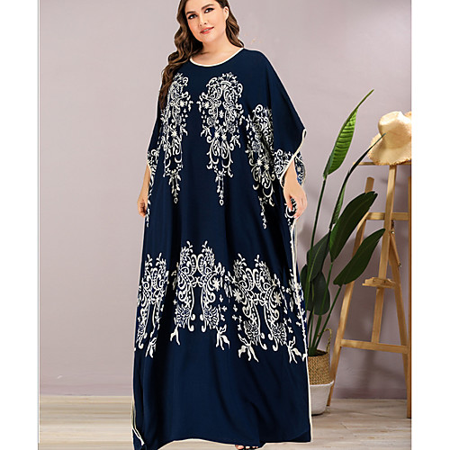 

Women's Sheath Dress Maxi long Dress - 3/4 Length Sleeve Print Summer Elegant 2020 Navy Blue One-Size