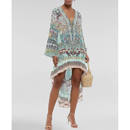 

Women's Asymmetrical Shift Dress - Long Sleeve Floral Print Drawstring Summer V Neck Boho Loose 2020 Purple Green S M L XL XXL XXXL XXXXL