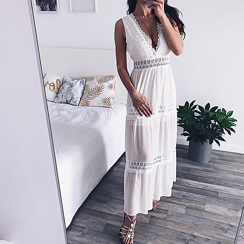 

Women's 2020 White Spring Summer Dress Casual Holiday Going out Chiffon Solid Color Lace Backless S M