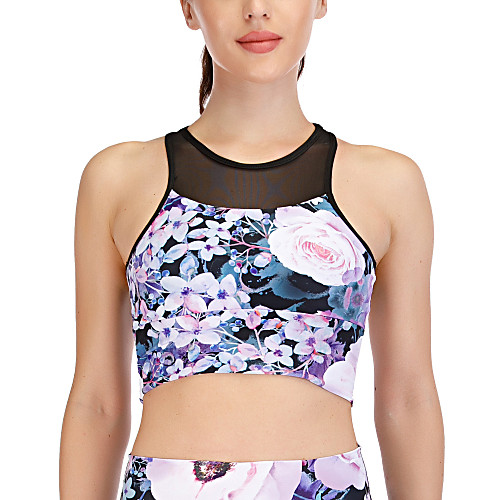 

Women's Sports Bra Yoga Top Patchwork Floral Print Purple Mesh Yoga Running Gym Workout Bra Top Top Sleeveless Sport Activewear Breathable Comfortable Stretchy