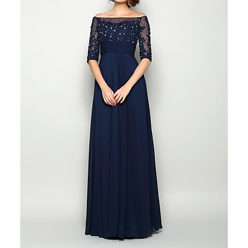 

A-Line Illusion Neck / Off Shoulder Floor Length Chiffon / Lace Half Sleeve Elegant Mother of the Bride Dress with Pleats / Beading / Appliques Mother's Day 2020