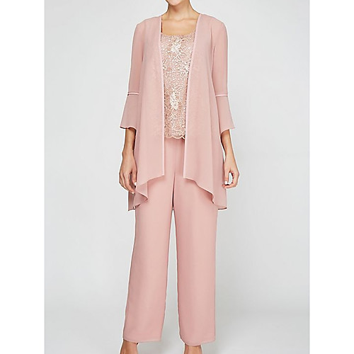

Two Piece / Pantsuit / Jumpsuit Jewel Neck Floor Length Chiffon / Lace 3/4 Length Sleeve Elegant Mother of the Bride Dress with Lace / Appliques Mother's Day 2020