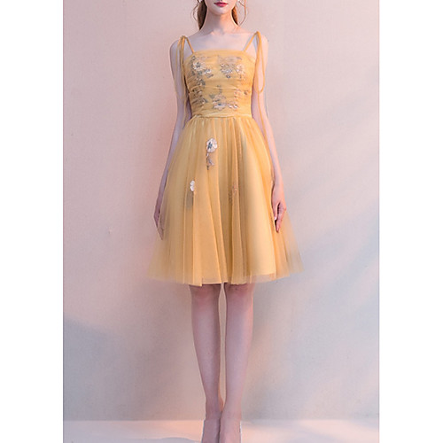 

A-Line Spaghetti Strap Knee Length Tulle Flirty / Floral Party Wear / Cocktail Party Dress with Appliques 2020