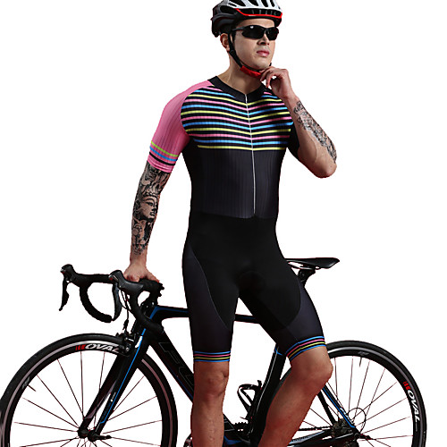 

BOESTALK Men's Short Sleeve Triathlon Tri Suit One Piece Swimsuit Spandex Pink / Black Bike Breathable Quick Dry Moisture Wicking Back Pocket Sports Horizontal Stripes Mountain Bike MTB Road Bike