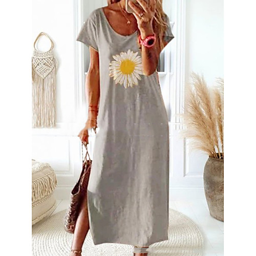 

Women's Shift Dress Midi Dress - Short Sleeves Floral Summer Street chic 2020 Gray S M L XL XXL XXXL