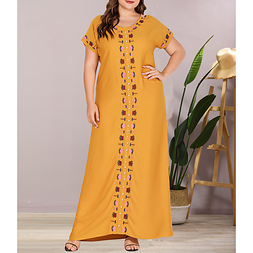 

Women's Plus Size Maxi Pineapple Shift Dress - Short Sleeves Solid Color Embroidered Summer Casual Elegant Daily Going out Flare Cuff Sleeve Loose 2020 Yellow L XL XXL XXXL