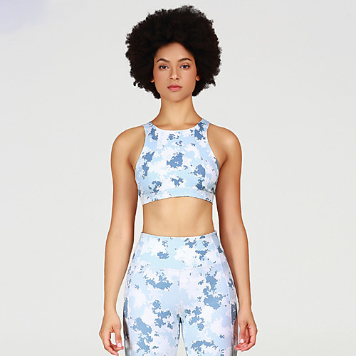 

Women's Sports Bra Medium Support 3D Print Blue / White Yoga Running Fitness Top Sport Activewear Breathable High Impact Quick Dry Comfortable Freedom Stretchy