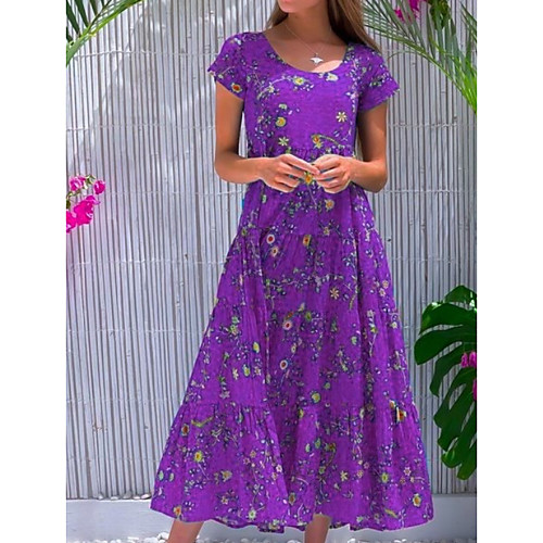 

Women's Chiffon Dress - Short Sleeves Floral Summer Elegant 2020 Purple S M L XL XXL XXXL