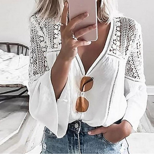 

Women's Daily Shirt - Solid Colored Lace / Patchwork V Neck White