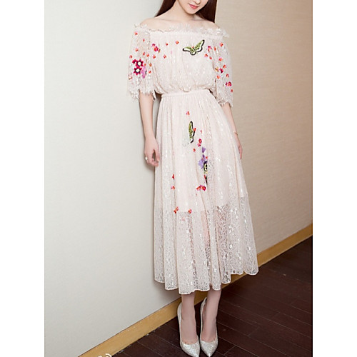 

Sheath / Column Off Shoulder Tea Length Lace Cut Out / Pink Party Wear / Cocktail Party Dress with Lace Insert / Embroidery 2020