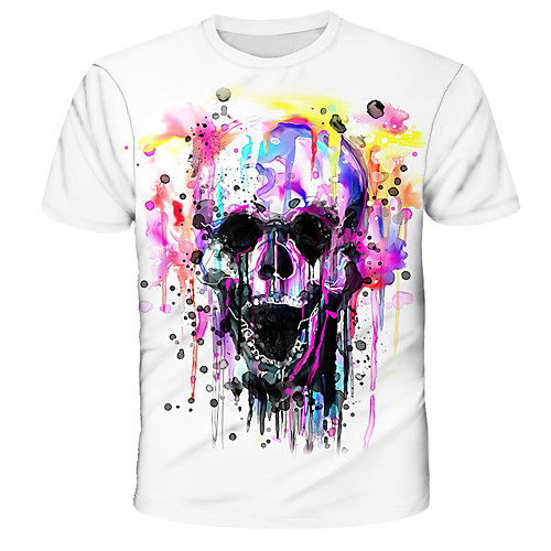 

Men's Daily Holiday Street chic / Exaggerated T-shirt - 3D / Tie Dye / Skull Blue & White, Print Rainbow