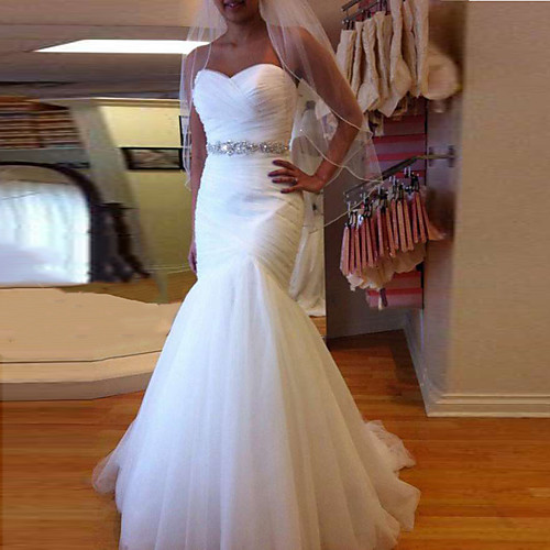 

Mermaid / Trumpet Sweetheart Neckline Court Train Tulle Strapless Formal Sparkle & Shine Wedding Dresses with Ruched / Crystals 2020