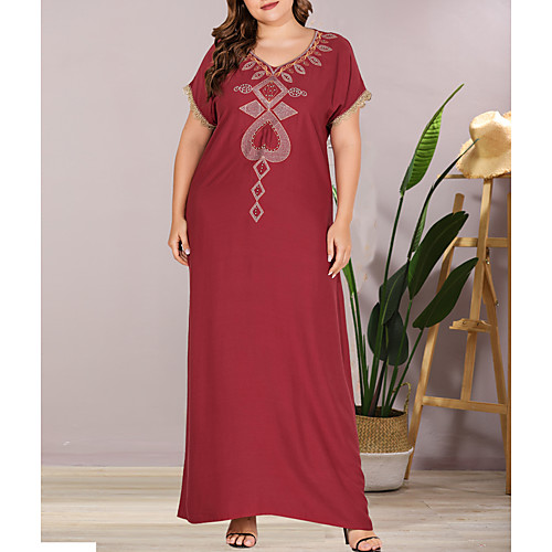 

Women's Plus Size Maxi Shift Dress - Short Sleeves Solid Color Lace Embroidered Summer V Neck Casual Elegant Daily Going out Flare Cuff Sleeve Loose 2020 Wine L XL XXL XXXL