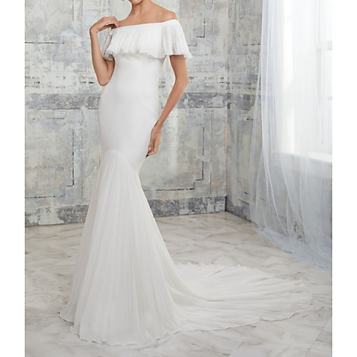 

Mermaid / Trumpet Off Shoulder Court Train Stretch Satin / Chiffon Over Satin Short Sleeve Simple Wedding Dresses with Ruffles 2020