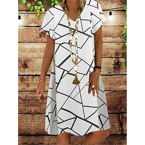 

Women's White A Line Dress - Short Sleeves Print Patchwork Summer Casual Vintage Daily 2020 White Black Navy Blue S M L