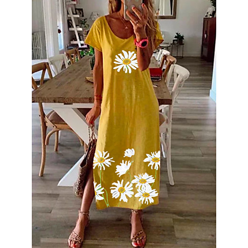 

Women's Maxi Shift Dress - Short Sleeves Floral Summer Elegant Loose 2020 Black Blue Yellow Gray S M L XL XXL XXXL