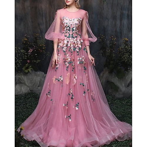 

A-Line Illusion Neck Chapel Train Tulle Luxurious / Pink Engagement / Formal Evening Dress with Appliques 2020