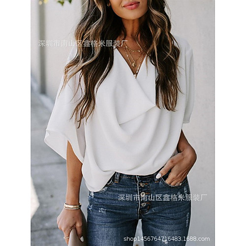

Women's Daily Basic Loose Blouse - Solid Colored Pleated / Asymmetric V Neck Khaki