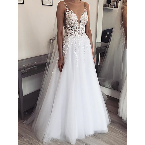 

A-Line V Neck / Spaghetti Strap Floor Length Lace / Tulle Sleeveless Sexy See-Through Wedding Dresses with Embroidery 2020