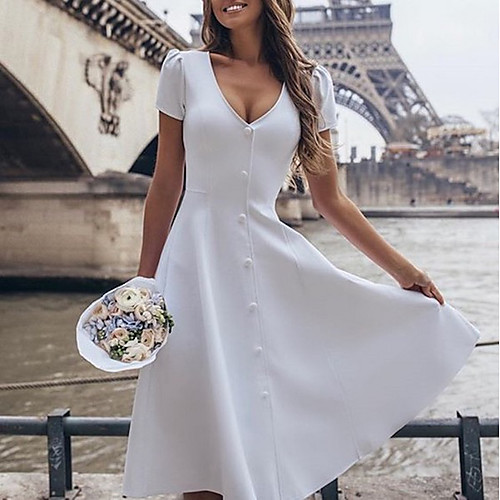 

Women's Knee Length Dress A-Line Dress - Short Sleeves Solid Color Summer Vintage 2020 White Blushing Pink Light Blue S M L XL