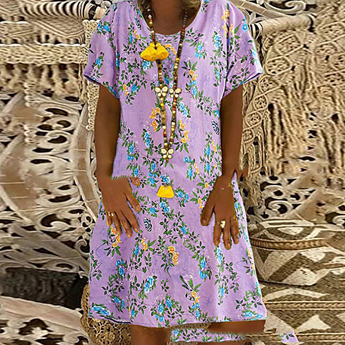 

Women's Shift Dress Knee Length Dress - Short Sleeves Floral Summer Street chic 2020 Blue Purple Orange One-Size
