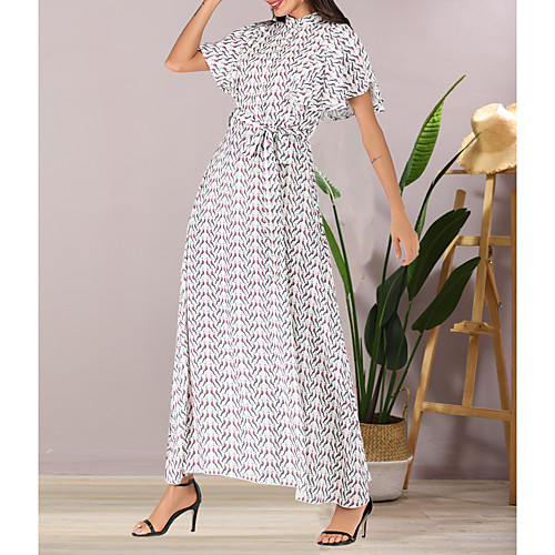 

Women's Maxi Chiffon Dress - Short Sleeves Print Summer Elegant Boho Daily Going out Butterfly Sleeve 2020 White S M L XL