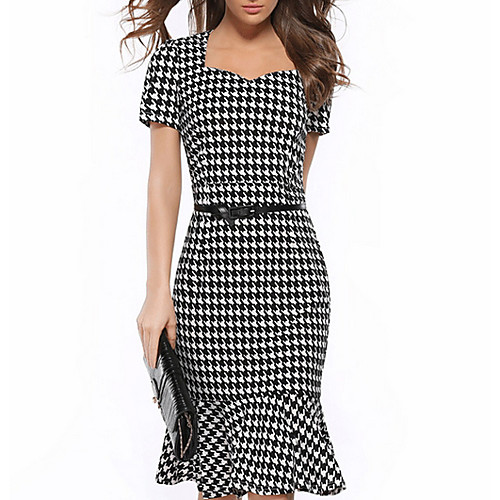 

Women's Black Dress Elegant Sheath Plaid / Checkered Square Neck S M