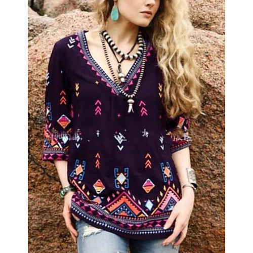 

Women's Daily Plus Size Blouse - Geometric Print V Neck Purple