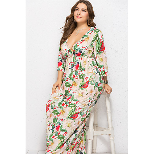 

Women's Swing Dress Maxi long Dress - 3/4 Length Sleeve Floral Summer Elegant Mumu Holiday Going out 2020 Blushing Pink Green Beige L XL XXL XXXL