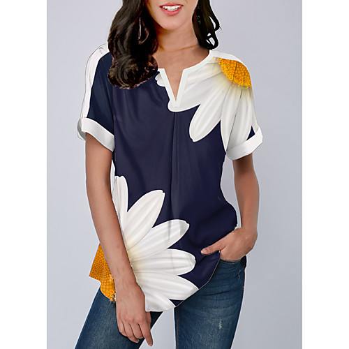 

Women's Graphic Daisy Blouse - Print Round Neck Basic Daily Navy Blue M L XL 2XL 3XL