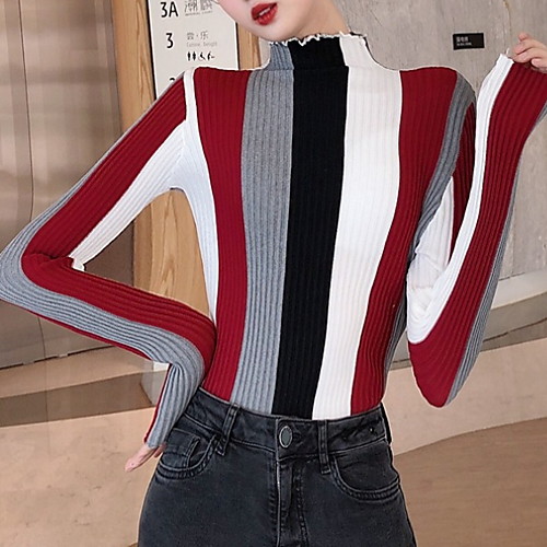 

Women's Striped Long Sleeve Pullover Sweater Jumper, Round Neck Red / Beige One-Size