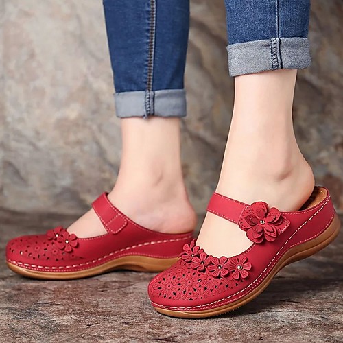 

Women's Sandals Summer Flat Heel Round Toe Daily PU Dark Brown / Red / Blue