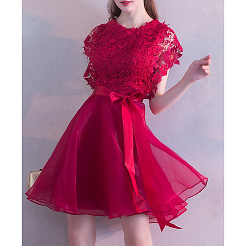 

A-Line Jewel Neck Short / Mini Lace Elegant / Red Wedding Guest / Cocktail Party Dress with Lace Insert 2020